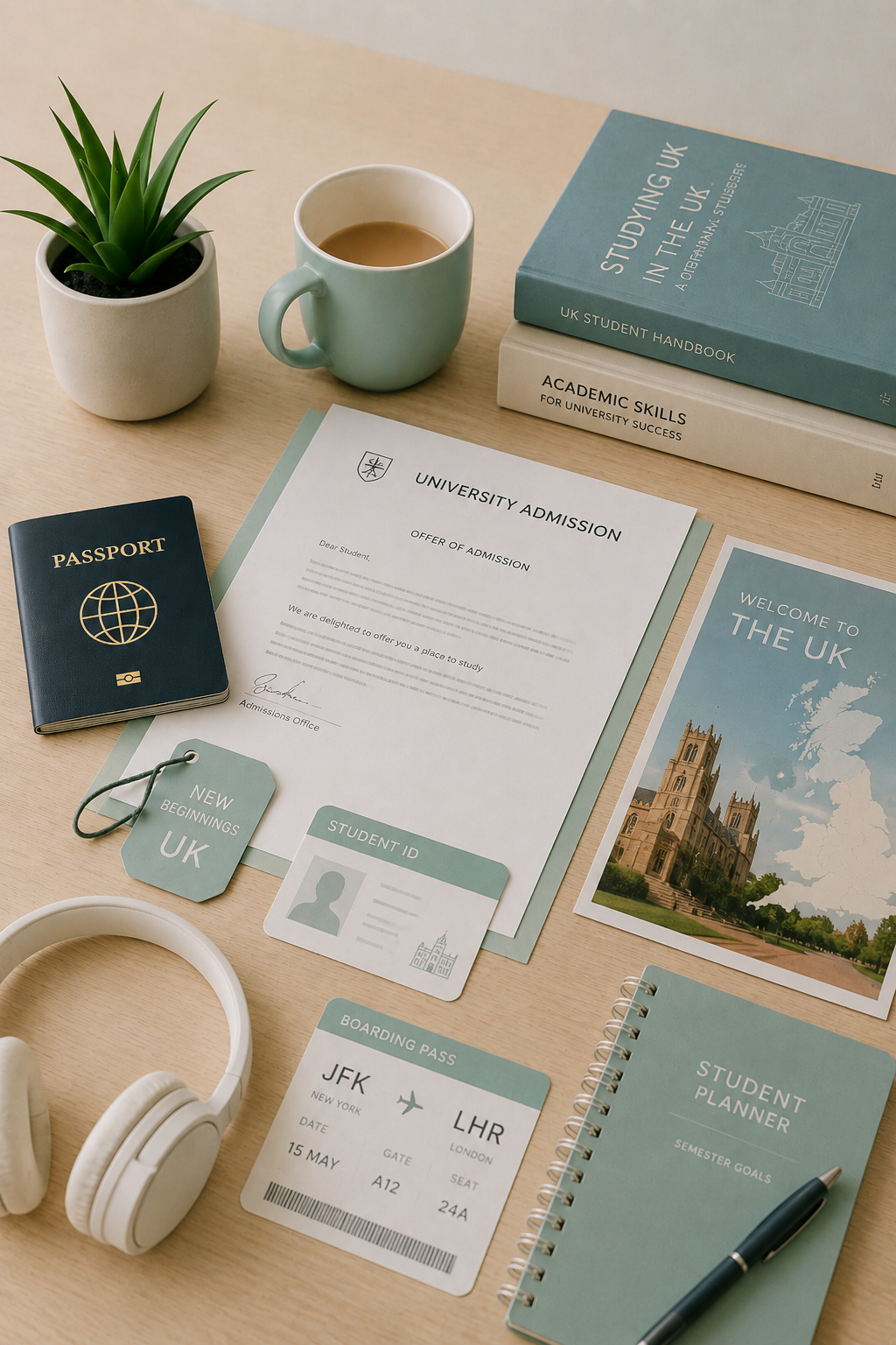 International student relocation essentials including a passport, university admission letter, student identification, UK guide and travel documents